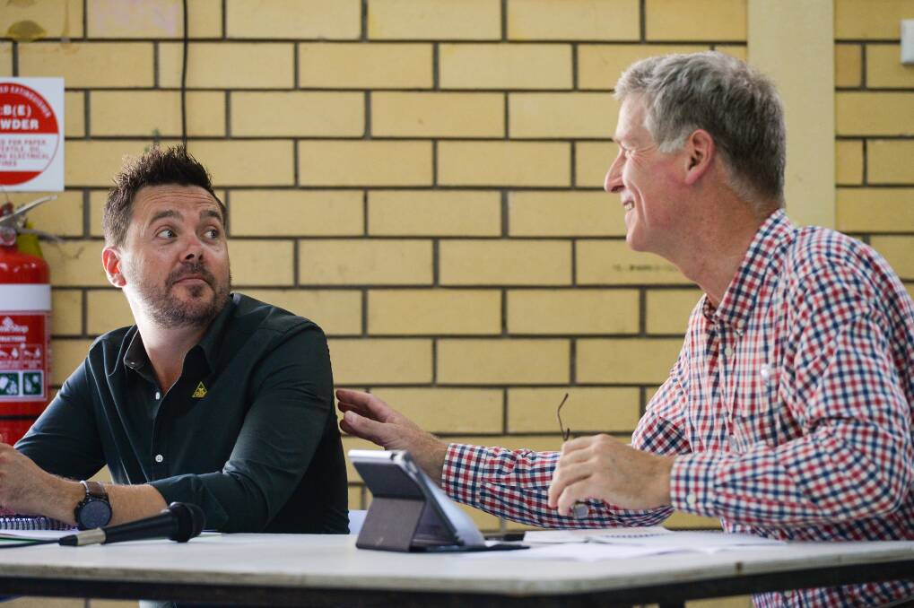 Albury Greens candidate Dean Moss and Labor's Lauriston Muirhead spoke to four topics at a election forum on Saturday. The Liberals' Justin Clancy was an apology but provided written statements. Picture: MARK JESSER