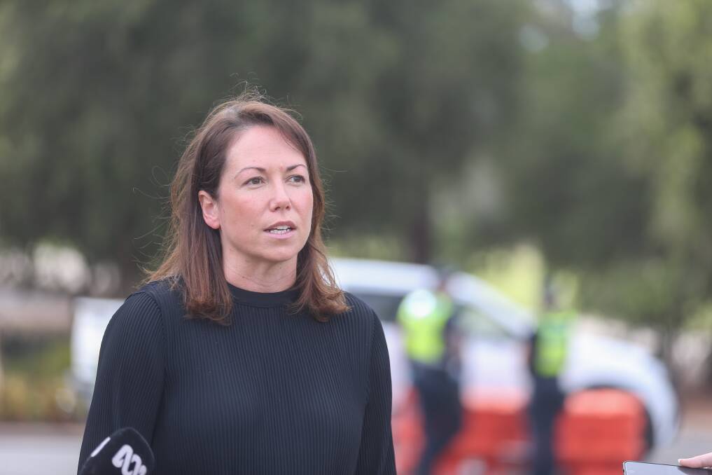 FAST-EVOLVING DEVELOPMENTS: Victorian Regional Development Minister Jaclyn Symes at the Lincoln Causeway border checkpoint on Monday. Picture: TARA TREWHELLA