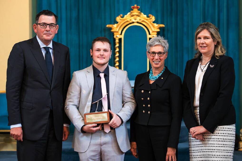 RECOGNISED: Riley with Victorian Premier Daniel Andrews, Governor Linda Dessau and Herald and Weekly Times chairman Penny Fowler, who is the granddaughter of the late Dame Elisabeth. Riley won the Dame Elisabeth Murdoch Trophy and $10,000, which he will give to the gender service.