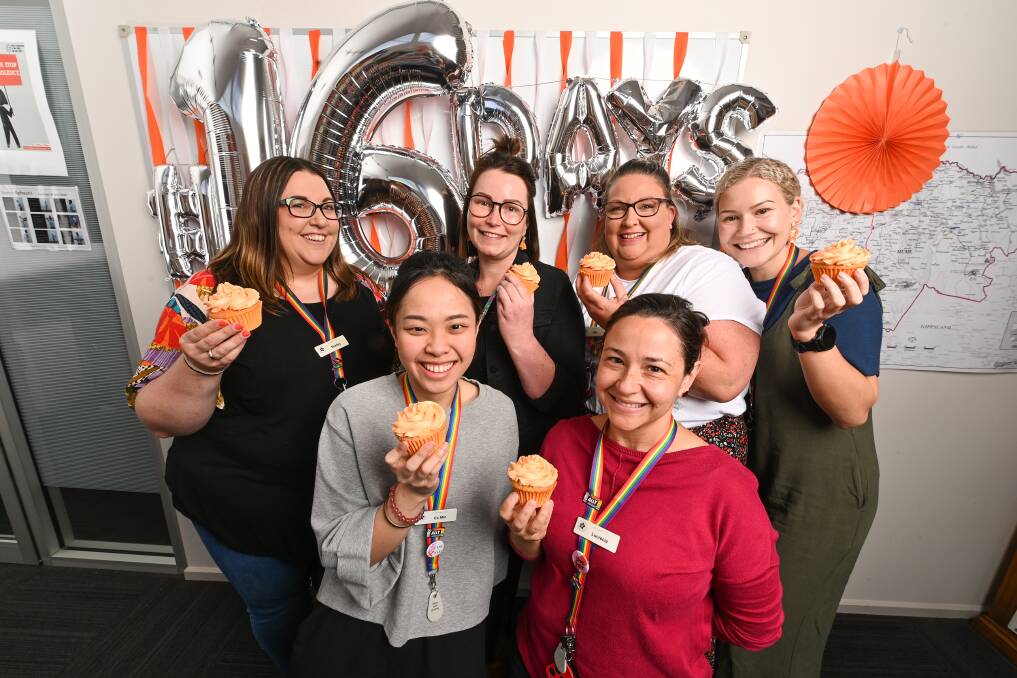 ACTION: Centre Against Violence Wodonga staff Ee Min Lim and Lucrecia Cardona (front) mark the 16 Days of Activism with colleagues Shelley Elliott, Kasi Burge, Kate Robinson and Madi Tubus. Picture: MARK JESSER