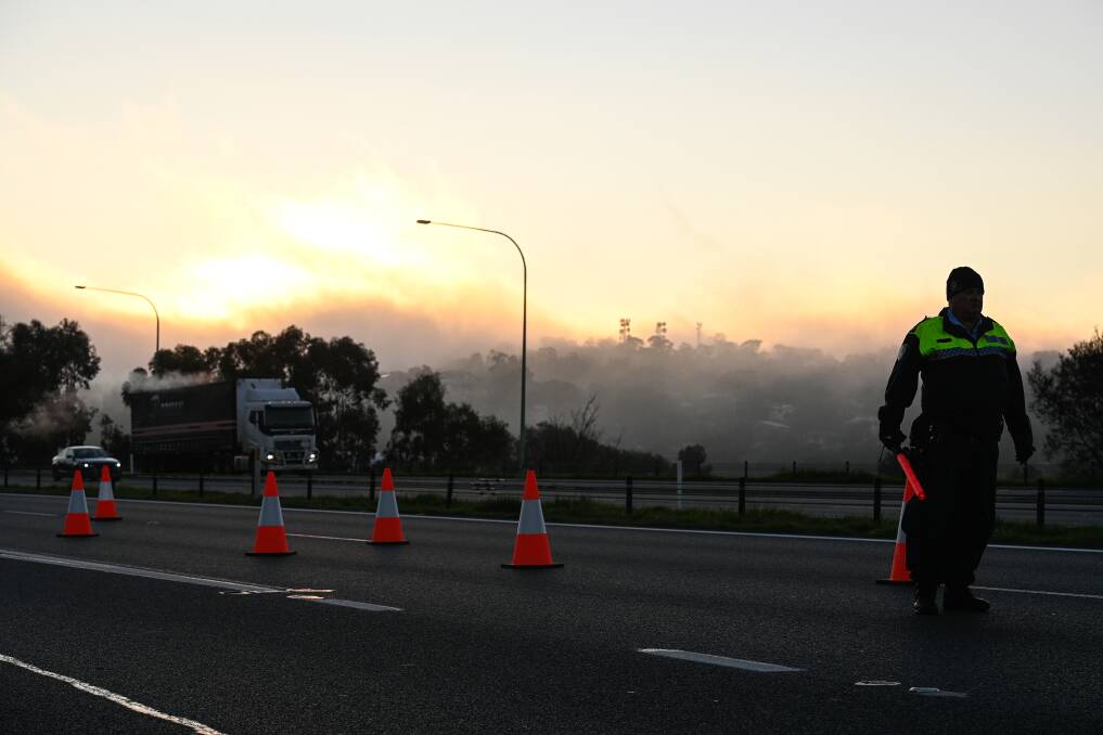 The freeway checkpoint for the border on the Hume Freeway this morning. Picture: MARK JESSER