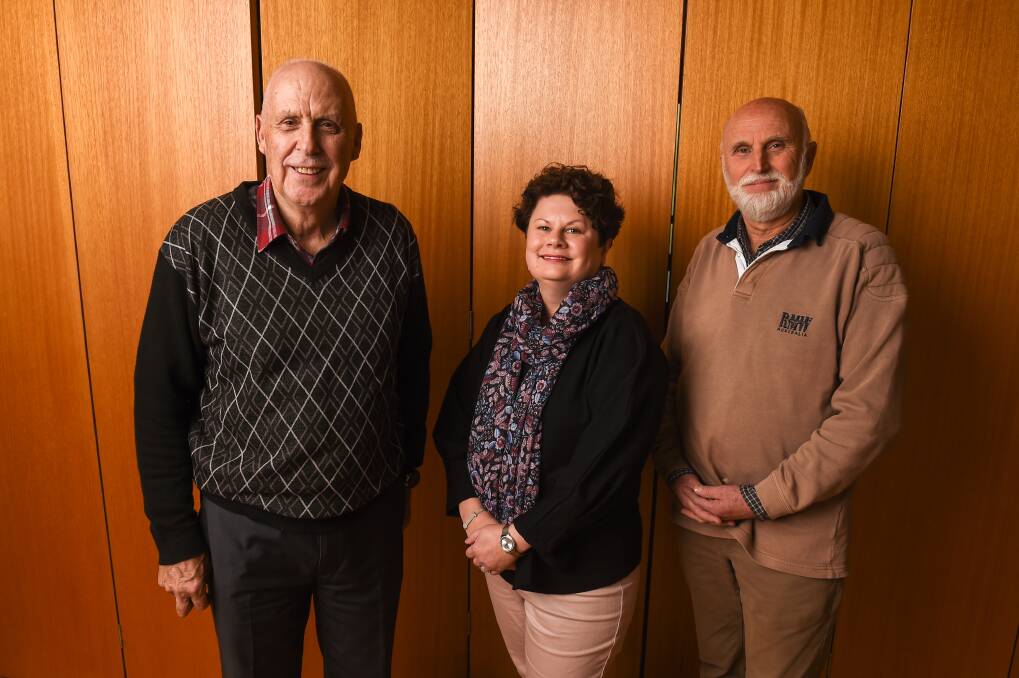JOINT EFFORT: Culcairn Local Health Advisory Committee's David Gilmore, MPHN project manager Stacey Heer and Stephen Trickett of Culcairn are part of the Compassionate Communities pilot. Picture: MARK JESSER
