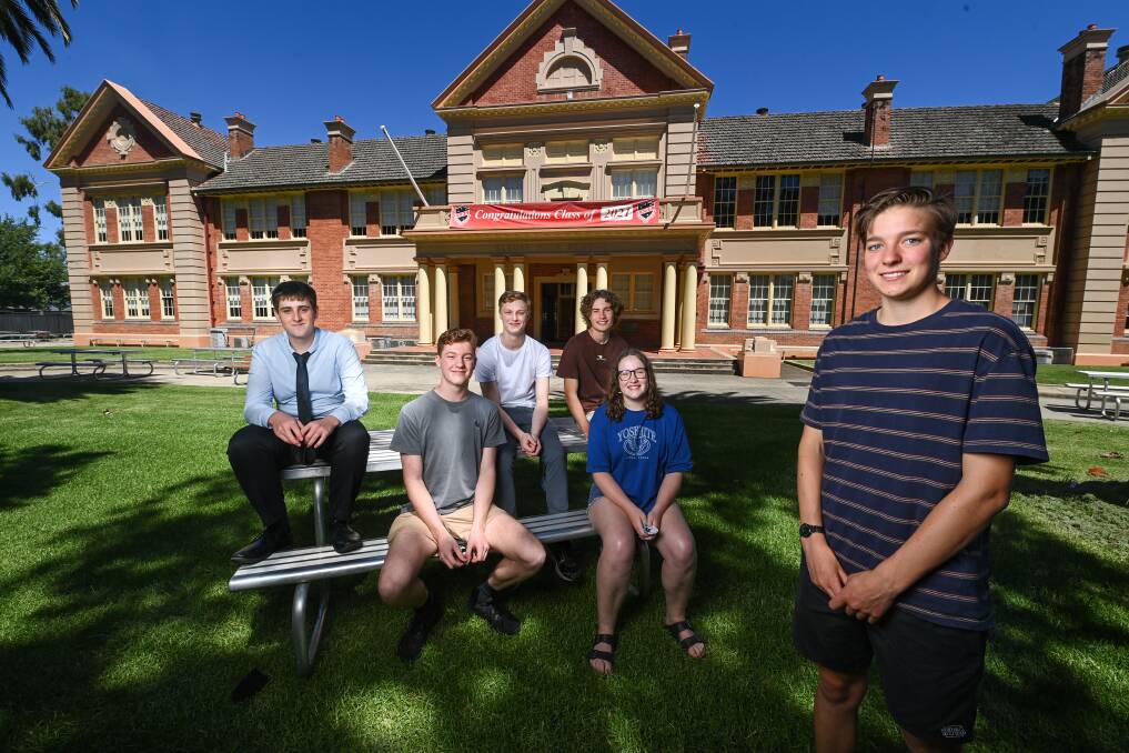 ACHIEVEMENT: Albury High's Luke Lee, 17, Campbell McTernan, 18, Tristan Downey, 18, Jarli Blackmore, 18 and Grace McGarvie, 18 and Lisa Cary 18. Picture: MARK JESSER