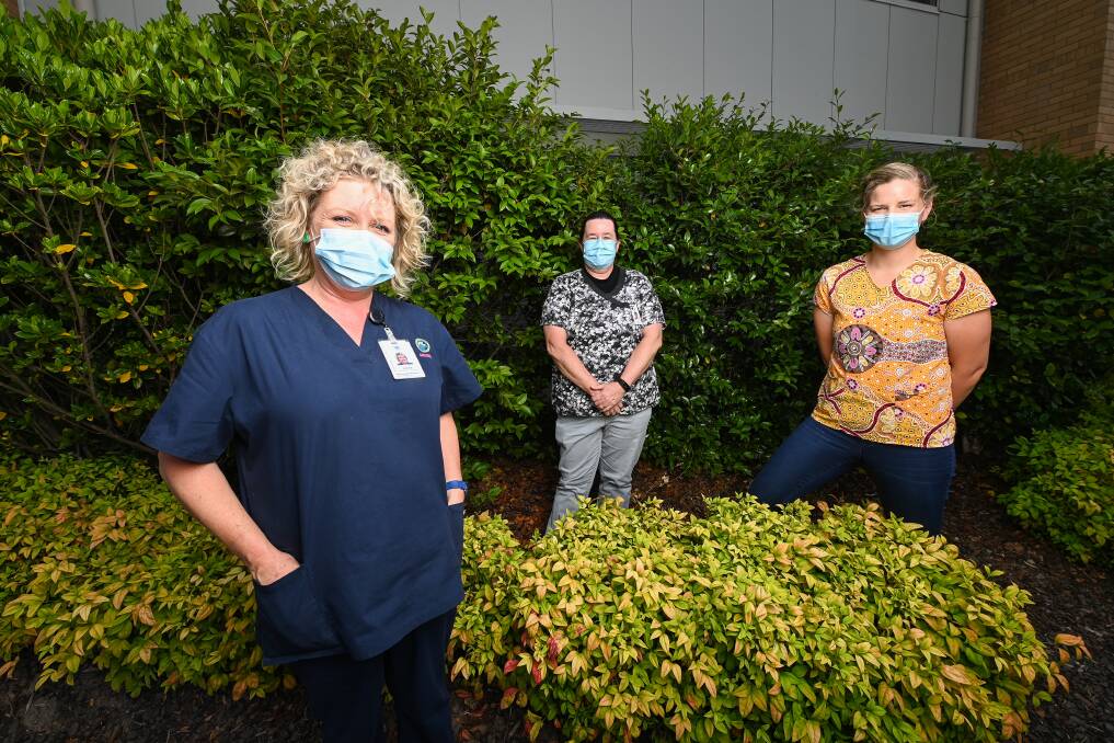 HOPES: Northeast Health Wangaratta is among the organisations starting to plan for a COVID-19 vaccine, which nurses Andrea Hogan, Lesley Lewis and Lydia Cobham could deliver sometime in the near future. Picture: MARK JESSER