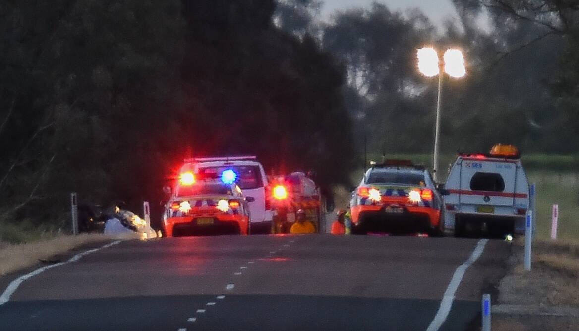 Emergency services were working at the scene of the crash on Urana Road at Burrumbuttock for a number of hours. Picture: MARK JESSER