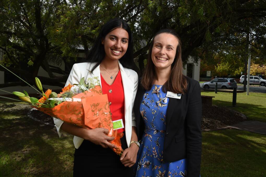 SUPPORT: UNSW Rural Clinical School student Neave Kapoor, who grew up in Albury and is currently living and studying in Sydney, receives a $5000 study scholarship from acting Albury mayor Amanda Cohn. Picture: MARK JESSER