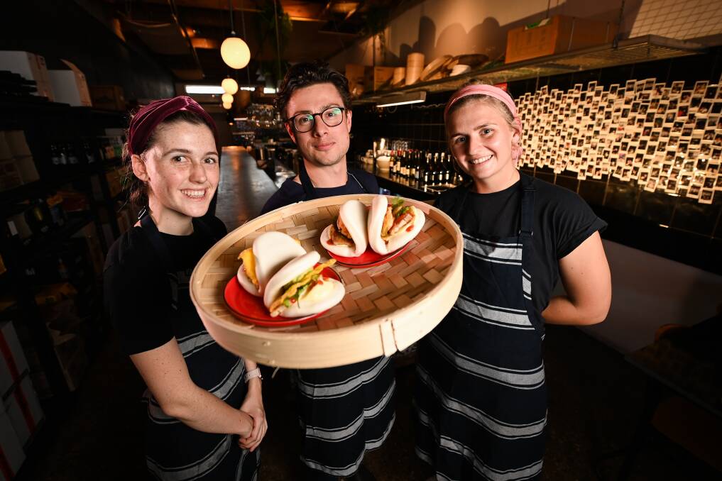 DELICIOUS: Hapi Albury's Georgia Morris, Matt Carrington and Georgia Schulz are stoked "amazing bao buns" referenced on TV were from their eatery. Picture: MARK JESSER