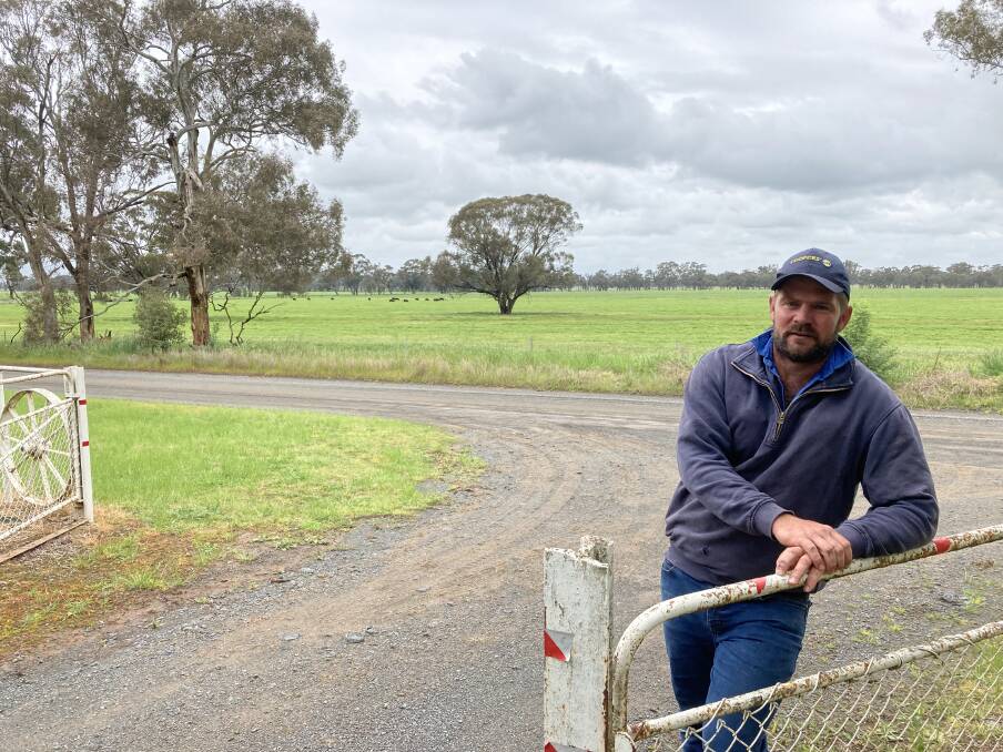 Cameron Schultz on his property off Benambra Road, which will be under 200 metres from the beginning of solar infrastructure when Walla Walla Solar Farm is built. Panels will be built before the farthest treeline.