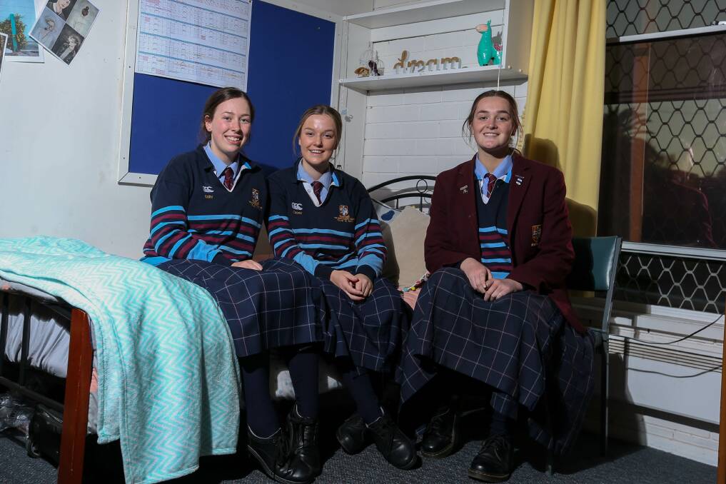 LOOK IN: Ruby Devere, 17, of Mansfield, Casey Scott, 17, of Henty and Milly Alexander, 17, of Finley are among the boarders at the Scots School Albury who talked about their lifestyle at an open day. Picture: TARA TREWHELLA 