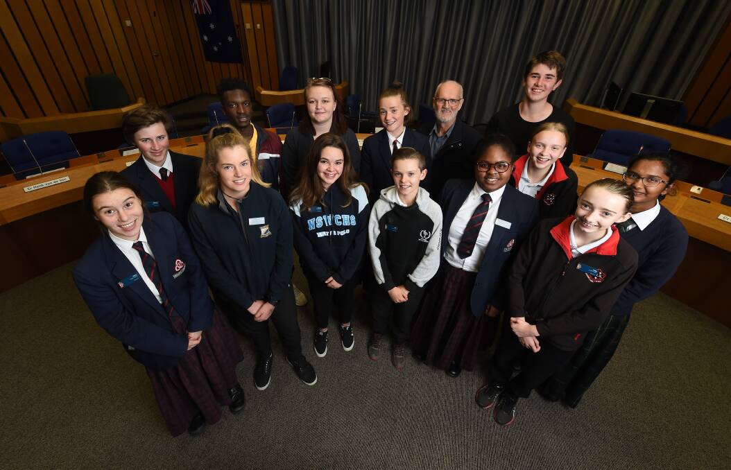 EAGER: Alana Diver, 16, Jessie Lord, 13, Isabella Rose Towner, 15, Jack Kelso, 13, Lois Beloved, 14 and Paige Double, 15. BACK: Zachary Reid, 14, Caleb Safari, 17, Libbity Alexander, 18, Tabitha Macdonald, 16, Cr David Thurley, Jack Jorgenson, 15, Genevieve Child, 15, and Stefany George, 15 Picture: MARK JESSER