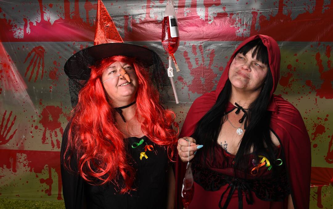 Wodonga TAFE Certificate IV in Community Services students including Sonya Carter and Kathy Storer ran a Halloween-themed event to raise awareness about blood and organ donation. Picture: MARK JESSER