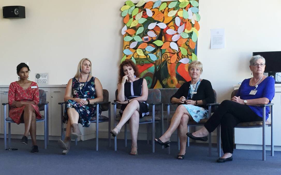 Pediatrician Karina Chaves, Albury Community Health counsellor Taryn Russell, and Karyn O'Loughlin, Janet Chapman and Pauline Ross of Albury Wodonga Health speak on a panel for International Women's Day.
