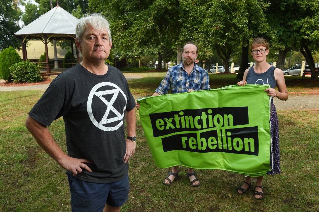 LAUNCHED: Bernie Jovaras,Chris McGorlick and Lauren Salathiel are part of the newly-formed Indigo Extinction Rebellion. Picture: MARK JESSER