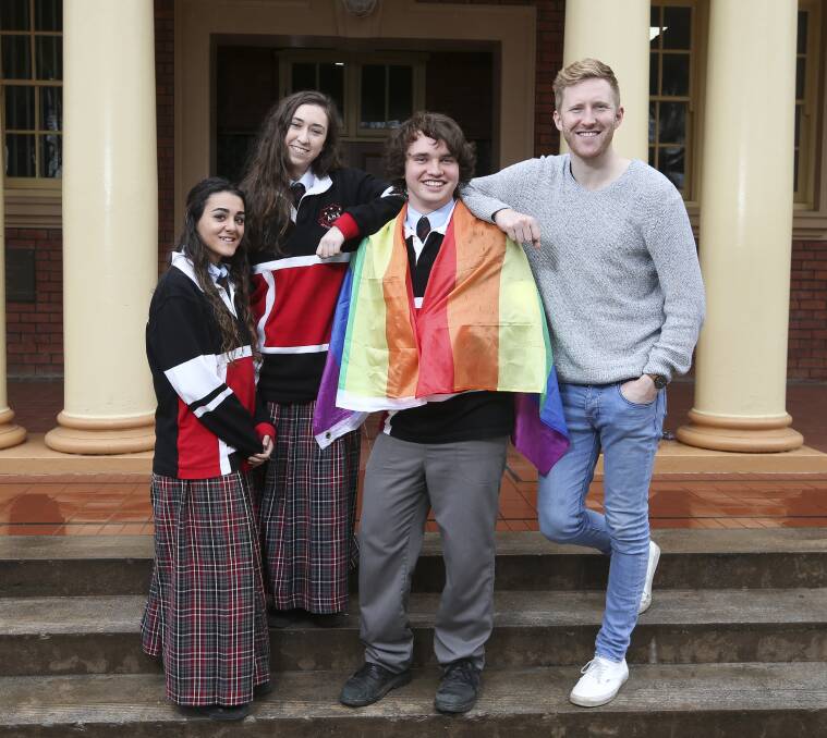 TEAM EFFORT: The BeyondBlue advocate was invited to speak at Albury High by the student council's Antonia Stefanou, 18, Elyse Hannan, 17, and Matt Armstrong, 17.