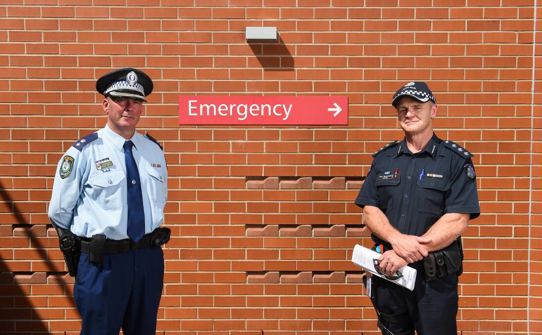 Murray River Police Superintendent Paul Smith and Wodonga Local Area Commander Inspector Paul Hargreaves urge the community they must follow isolation and physical distancing, and stay home wherever possible. Picture: MARK JESSER
