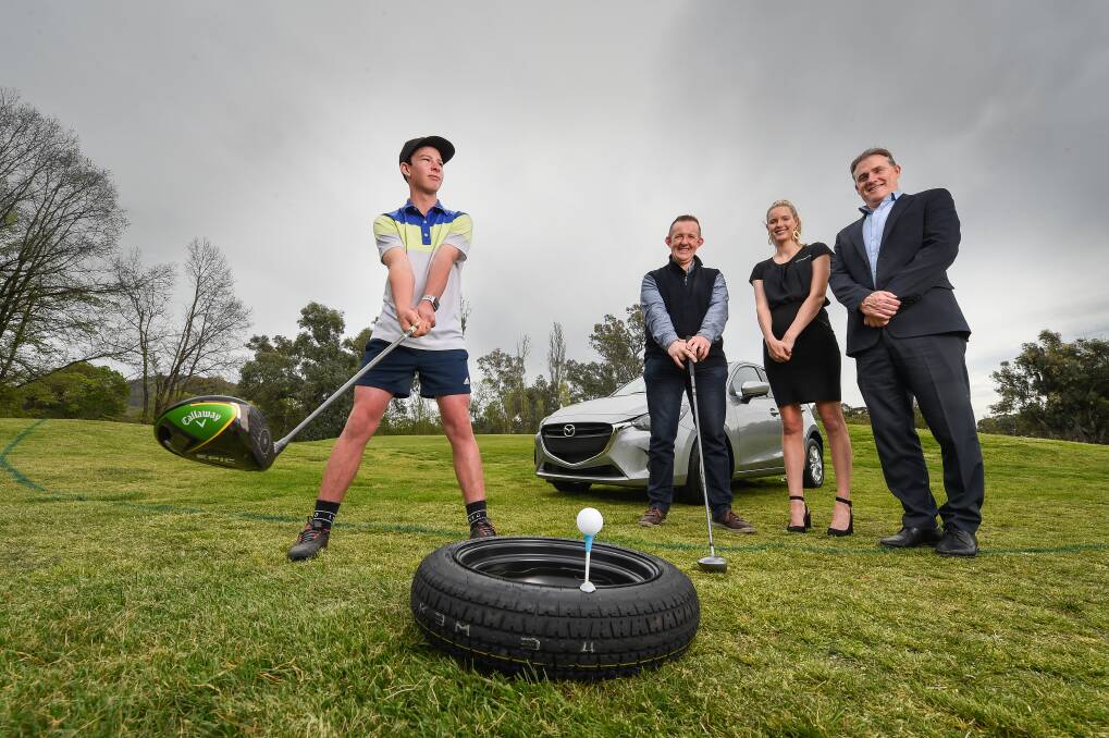 TEE OFF: Jack McAuliffe and Uniting's Rob Petzke will play on the day, supported by Maddison French of Alessi Mazda and SS&A's Gerard Darmody. Picture: MARK JESSER