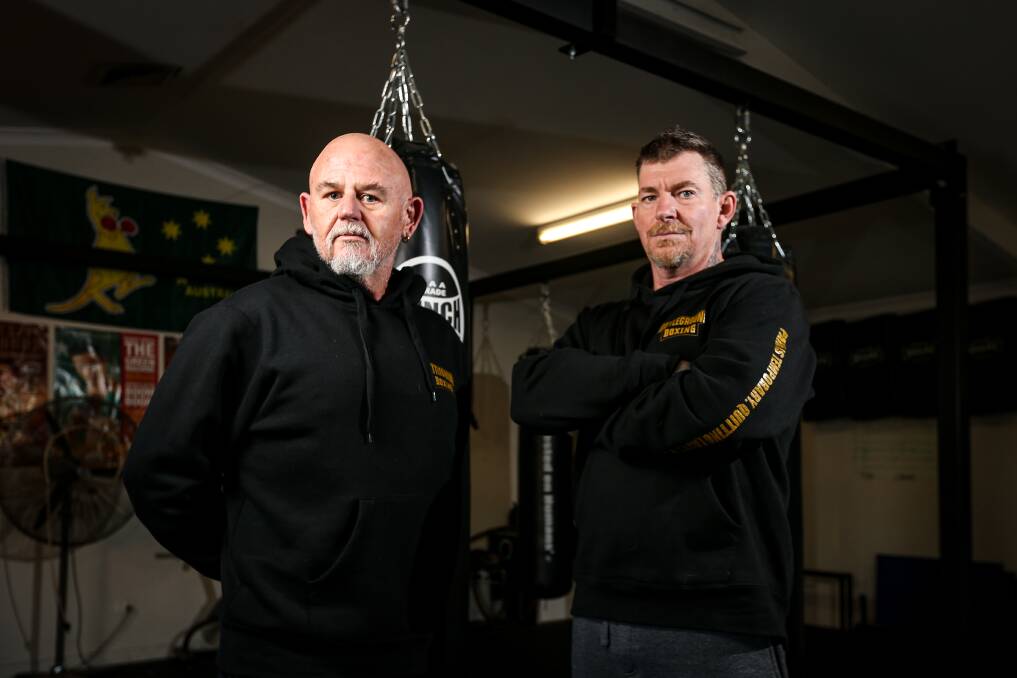 Darcy Brown, 50, is training two hours a day with Merv Laycock, who runs Battleground Boxing in Wodonga, in preparation of his first fight. Picture: JAMES WILTSHIRE