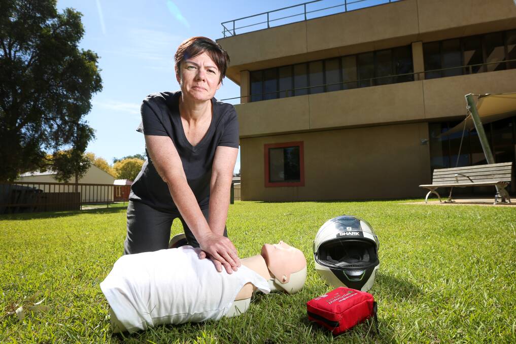GET FAMILIAR: First Aid for Motorcyclists owner Deborah Geerts ran a session about safety in Albury for riders. Picture: JAMES WILTSHIRE