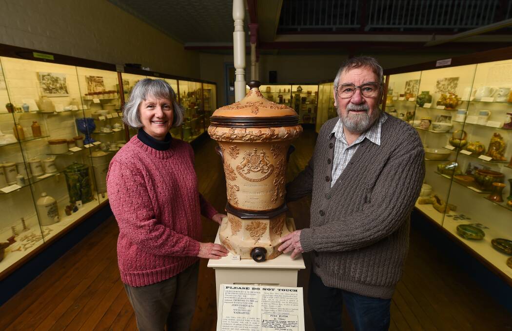 RARE: The National Museum of Australian Pottery directors Kerrie and Geoff Ford have acquired a salt-glazed water filter manufactured in 1838 in London, "espressly for the Colony" and sold in Sydney soon after. Picture: MARK JESSER