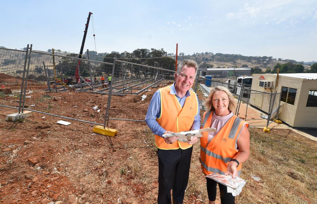 Albury mayor Kevin Mack and waste team leader Andrea Baldwin at the site where an education centre is being built at the Albury waste management centre. Picture: MARK JESSER