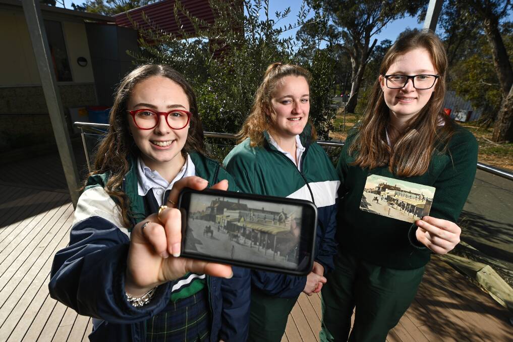 ONLINE TOOL: Rutherglen High School VCAL students Eden Creamer, 18, year 12, and year 11 students Kehlee Rose and Jasmine Heath, both 17, are part of the class creating an app for town self-tours. Picture: MARK JESSER

