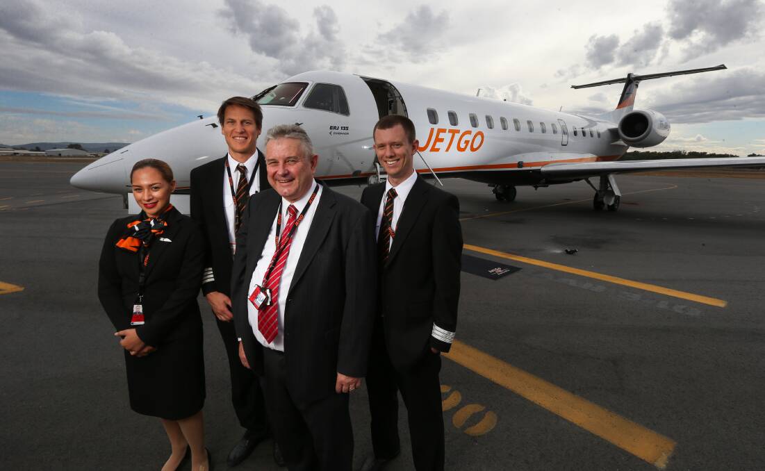 Jennifer Kingi, Simon Gibbons, Managing Director Airlines at JETGO Australia Paul Bredereck and Andrew Hill at the announcement of flights from Albury to Brisbane last year. JETGO will now fly to Gold Coast. Picture: MARK JESSER