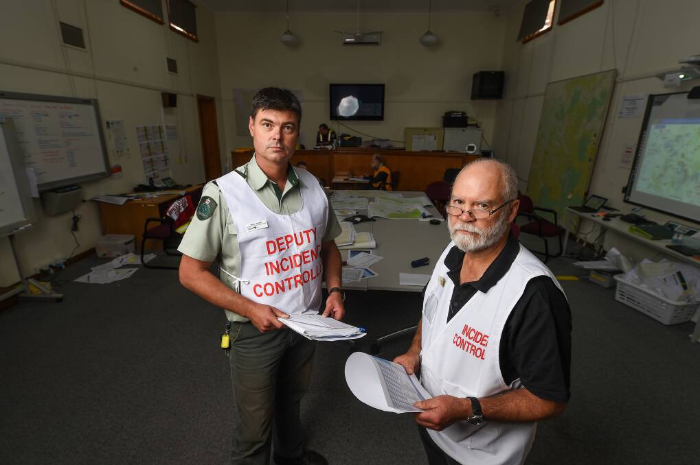 Forest Fire Management Victoria Upper Murray district manager Dave Jensen and Incident Controller Andy Miller at the Tallangatta ICC. Picture: MARK JESSER

