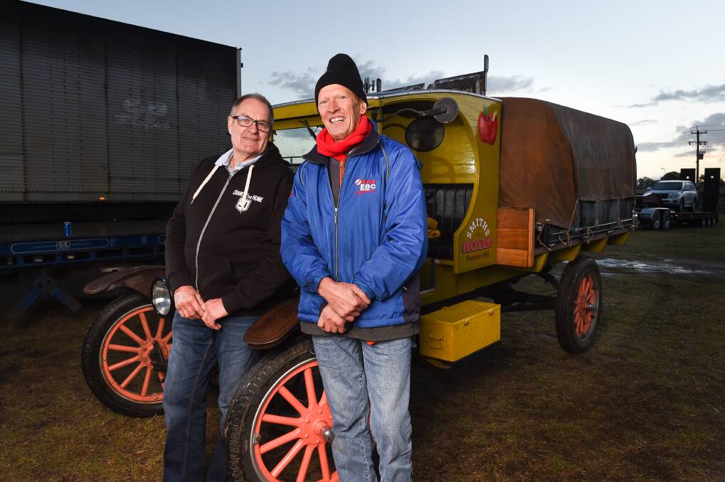 LOOKING BACK: Crawlin' the Hume organiser Rob French and Brian Smith, owner of a 1923 Model T Ford, stop at Albury. Picture: MARK JESSER