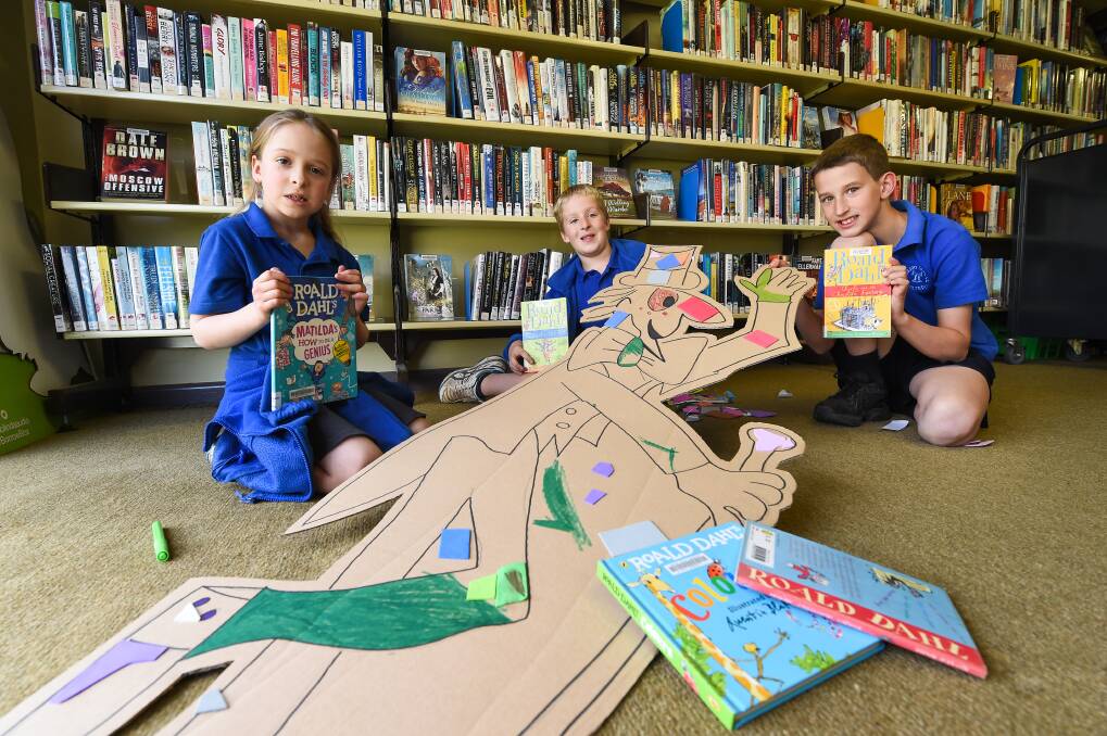 MAGIC: Chiltern Primary School students Paige Lappin, 7, year 1, Riley Lappin, 10, year 4, and Fergus Clarke, 10, year 4, take part in Roald Dahl Day. Picture: MARK JESSER
