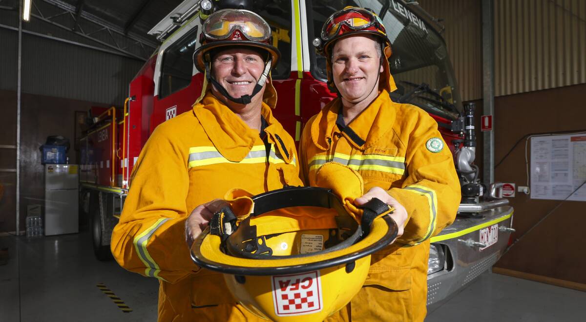 LEND A HAND: Leneva fire brigade lieutenants Michael Colegrove and Cameron Potter are fundraising for equipment. Picture: JAMES WILTSHIRE