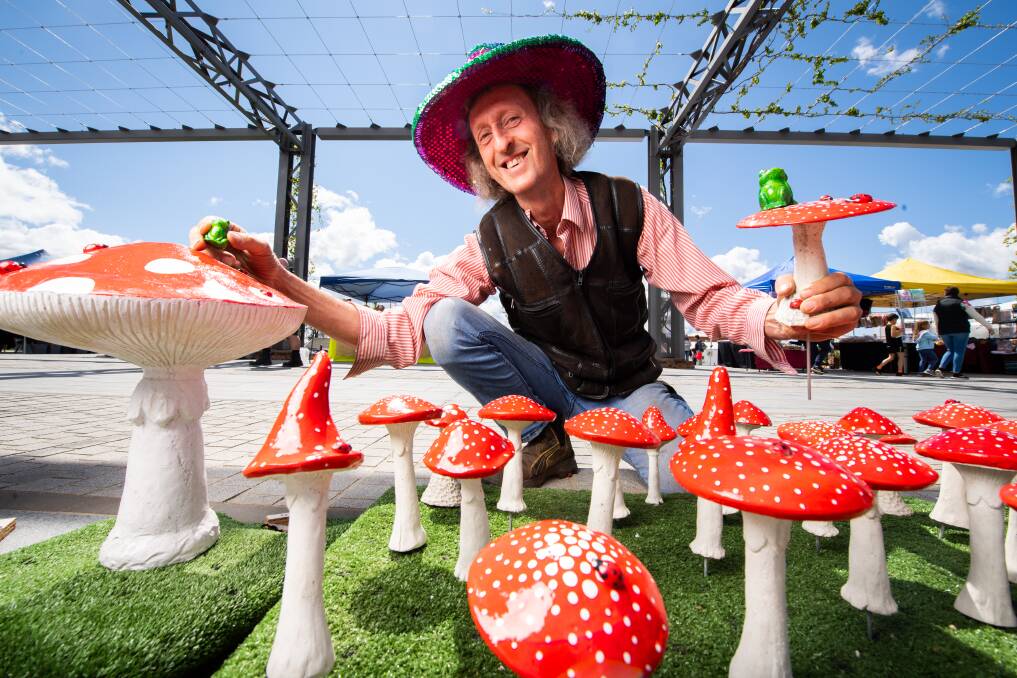 MUSHROOM FOR FUN: Moyhu crafter Evan Starwalker sold his "magic mushrooms" at the Made by Me market in Junction Square, Wodonga, yesterday. Picture: MARK JESSER