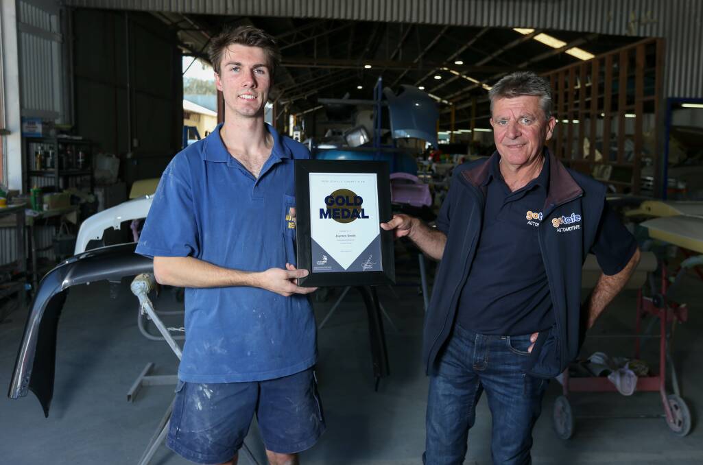 RECOGNISED: Albury Auto Body Repairs apprentice Jaymes Smith was recognised for his World Skills regional win by GOTAFE teacher Mark Ward. The 22-year-old is eligible to compete in nationals. Picture: TARA TREWHELLA