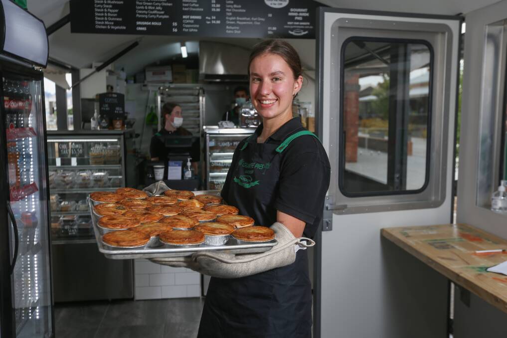 NEW SITE: Tegan Hogan is managing the Wodonga Gum Tree Pies store, situated in a 'carriage' behind the Goods Shed in Junction Place. It will be open seven days a week from 8am to 4pm. Picture: TARA TREWHELLA