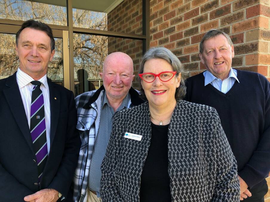 JOINT BID: Softwoods Working Group chairman Peter Crowe (middle) with southern NSW mayors James Hayes, Heather Wilton and Abb McAlister in Holbrook on Friday.

