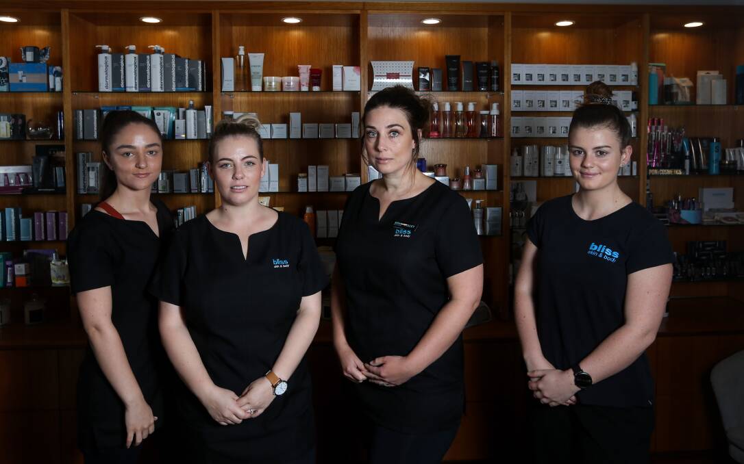 Emma Reid, Sam Eales, Stacey Assigal And Chloe Moses, of Bliss Skin and Body, are among the many workers in the beauty industry who have been affected by the latest federal government-imposed restrictions to prevent COIV-19 transmission. Picture: TARA TREWHELLA