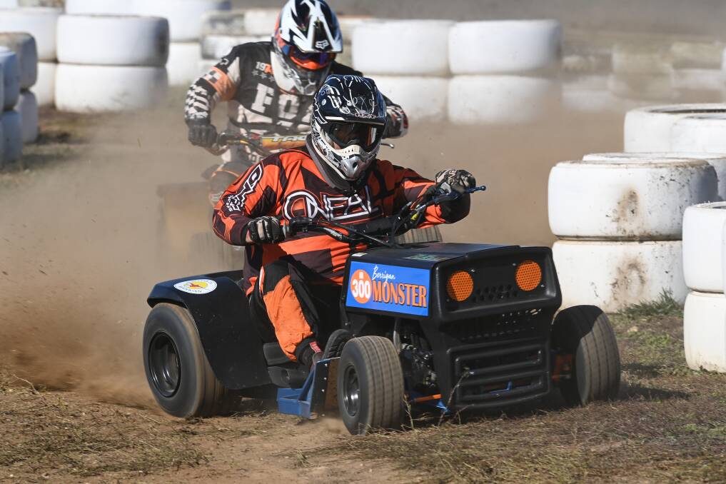 TEARING IT UP: Riders connected to the Australian Ride On Lawn Mower Racing Association took to the turf at the Albury-Wodonga Kart Club on Saturday. Picture: MARK JESSER