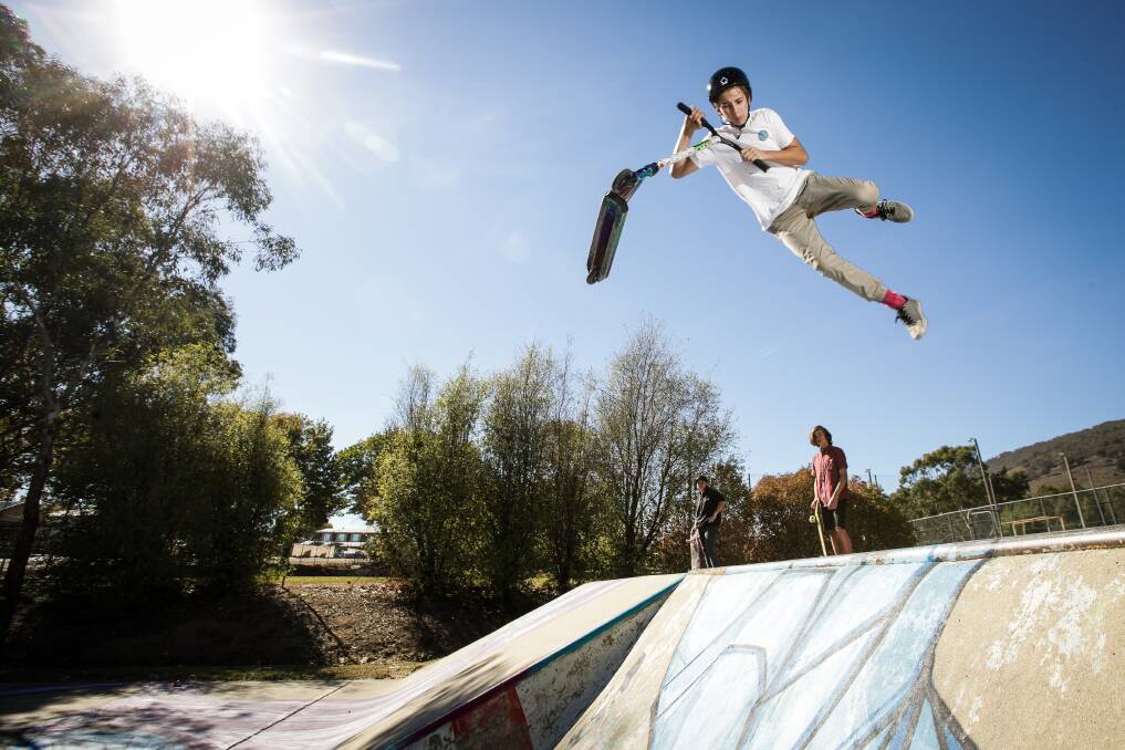 FEELING GOOD: Tallangatta teenager Gavin Davis celebrates the launch of his revamped skate park, which he campaigned for. Picture: JAMES WILTSHIRE