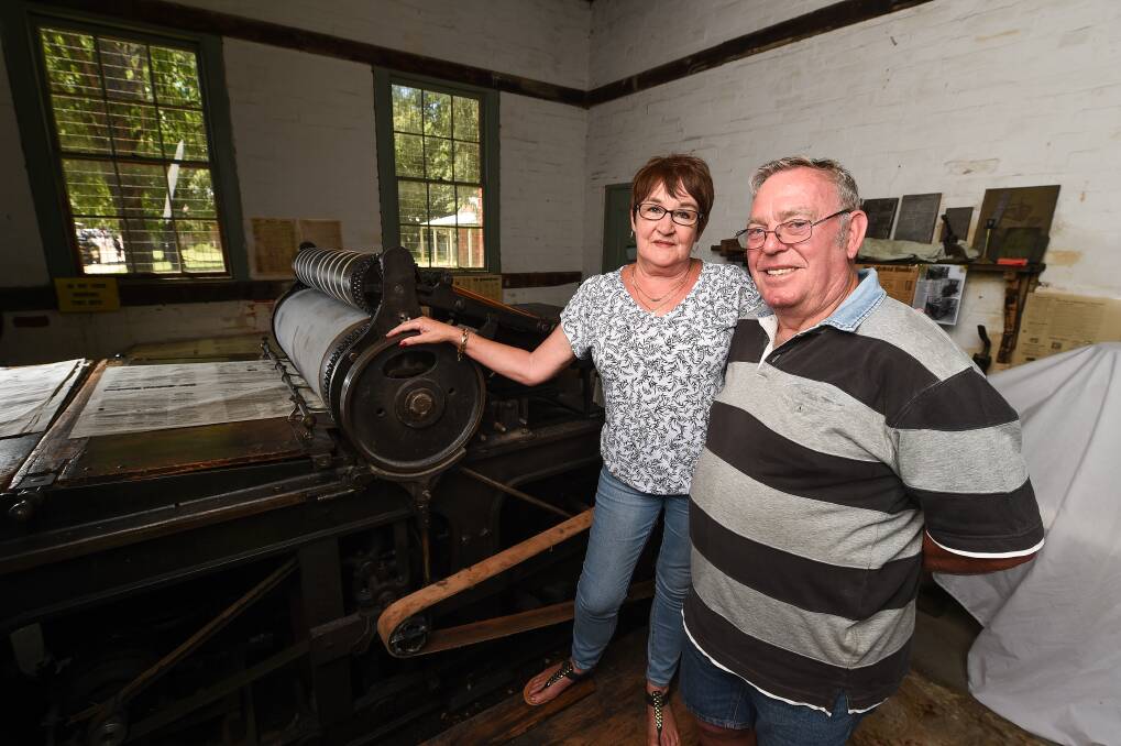 FINISHING UP: National Trust volunteers Mary and Robert Martin have handed back the keys to the Federal Standard in Chiltern after managing it for 16 years. Mr Martin has preserved a Linotype machine and other collection items like a Wharfedale printing press. Picture: MARK JESSER