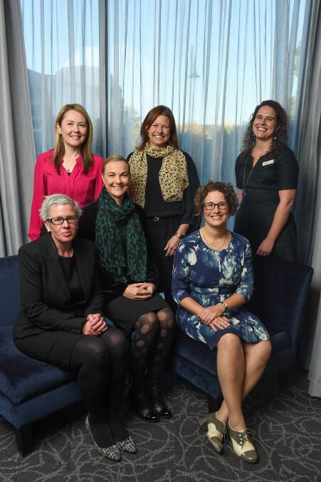 Amanda Toner, Allison Bruce, Guest speaker Victoria Legal Services Board Commissioner and CEO Fiona McLeay. BEHIND: Sarah Rodgers, Alison Maher and Deb Fisher.