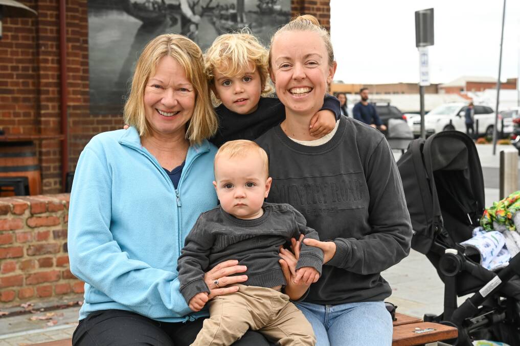 Carol Wright spends Mother's Day at Junction Square in Wodonga with her daughter Jess Harris and her two sons, Walter, 2, and Arthur, 10 months. Picture: MARK JESSER