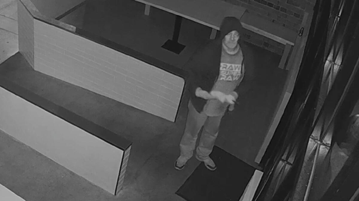 A middle-aged man, wearing a black hoodie and a shirt with a partially hidden slogan that included the word ‘raw’, was recorded on CCTV at the Silver Key Cafe at 3.34am, which was broken into.