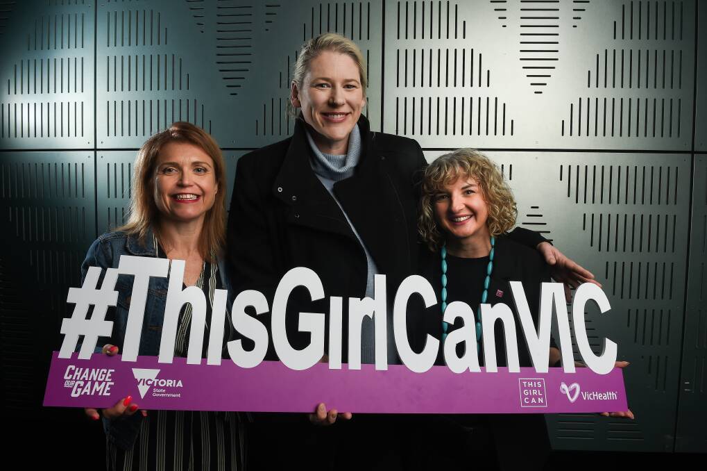 WE CAN: Guest speaker Candice Marzano of Albury, Lauren Jackson and VicHealth's Melanie Fineberg at the This Girl Can luncheon in Wodonga on Thursday. Picture: MARK JESSER