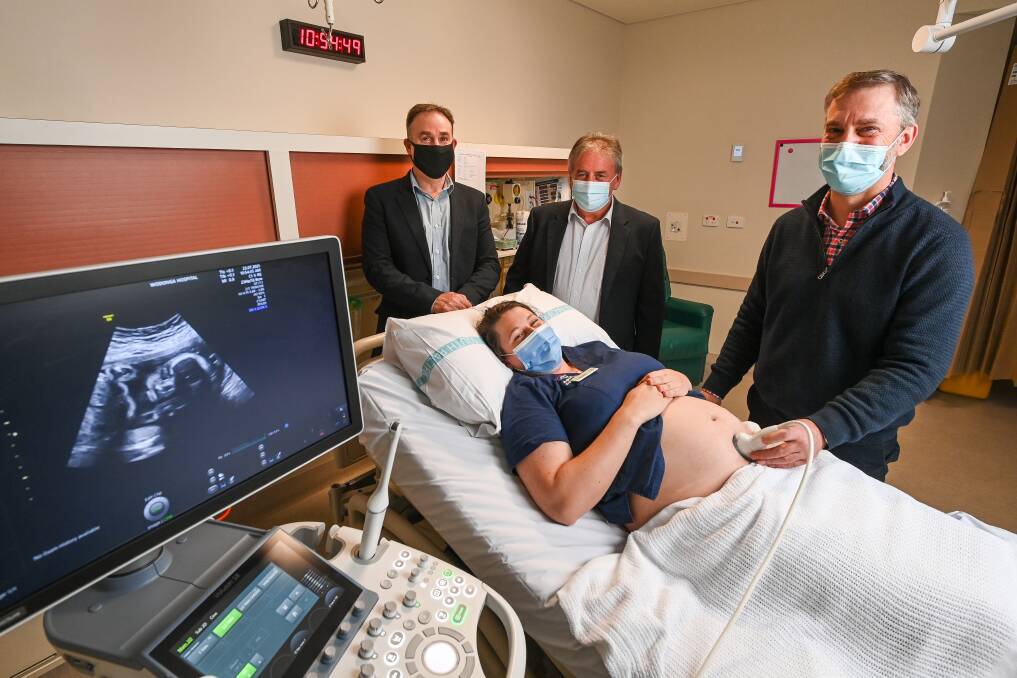 UPGRADE: SS&A's Gerard Darmody and Eddie Dunlop were glad to hear from Dr Simon Craig and midwife Brooke Whitehead the significance of their donation for a new ultrasound at AWH's maternity ward. Picture: MARK JESSER