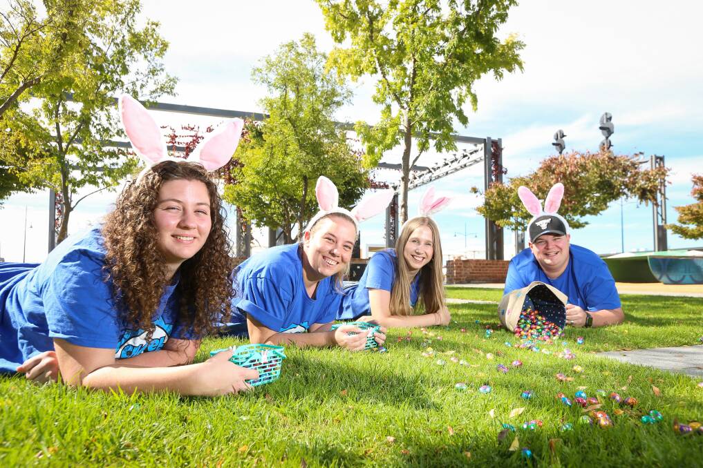 EASTER SURPRISE: Darlene Knights, Rebecca OGrady, Danielle Werner and Todd Werner will help run an Easter Egg Hunt on Friday at Junction Square, run by New Life Chapel in Wodonga. Picture: JAMES WILTSHIRE