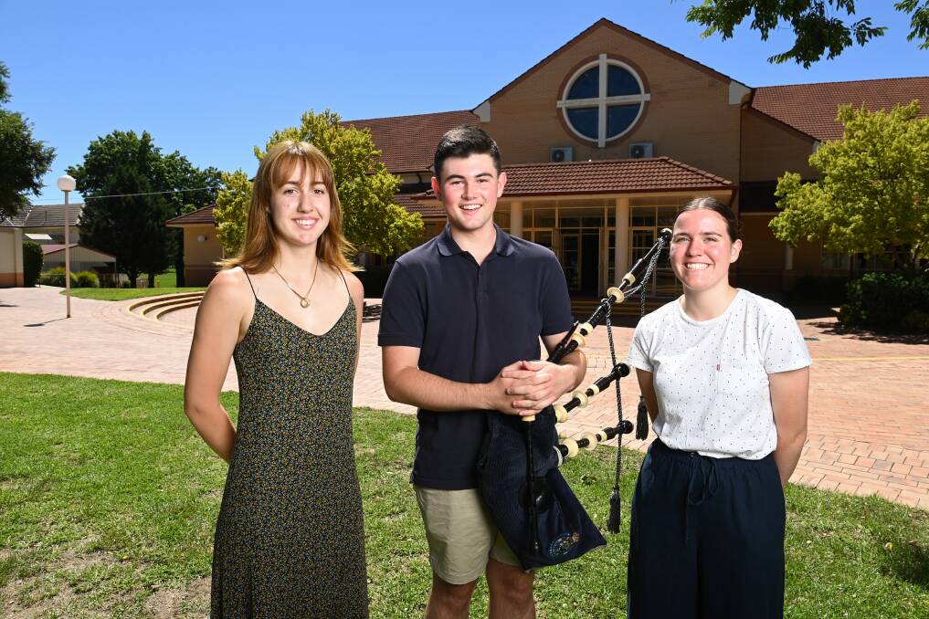 ONWARDS: Scots School Albury graduates Laila Armsden, Dylan Forge and Sarah Shannon have plans to study in England, South Australia and Melbourne respectively. Picture: MARK JESSER