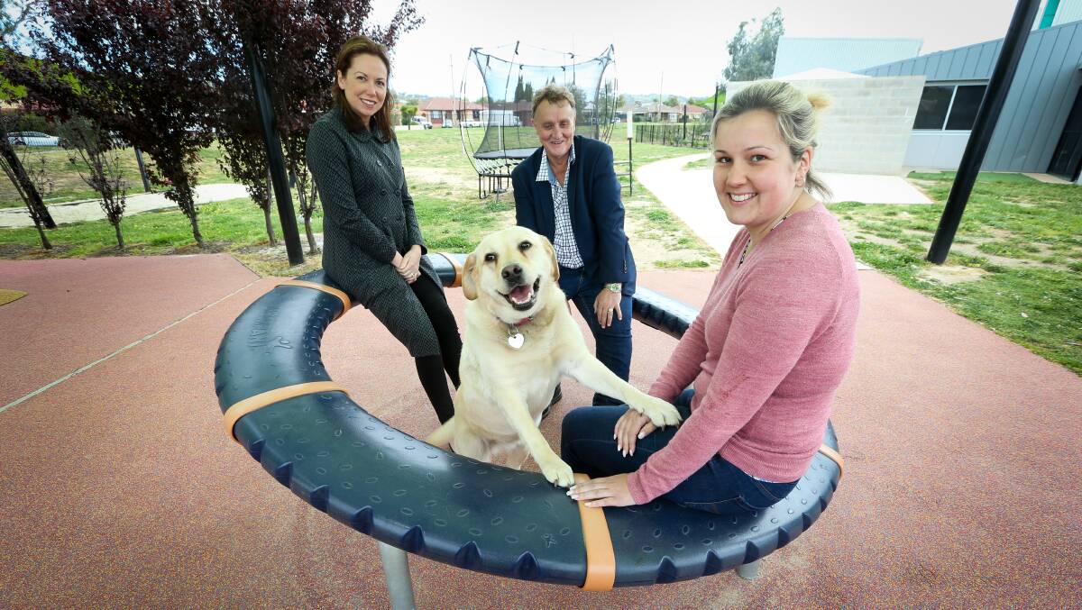 NEW SPACE: Northern Victoria MP Jaclyn Symes, Mark Tait, Labor candidate for Benambra and Belvoir assistant principal Ebony Mitchell with Fawn. Picture: KYLIE ESLER