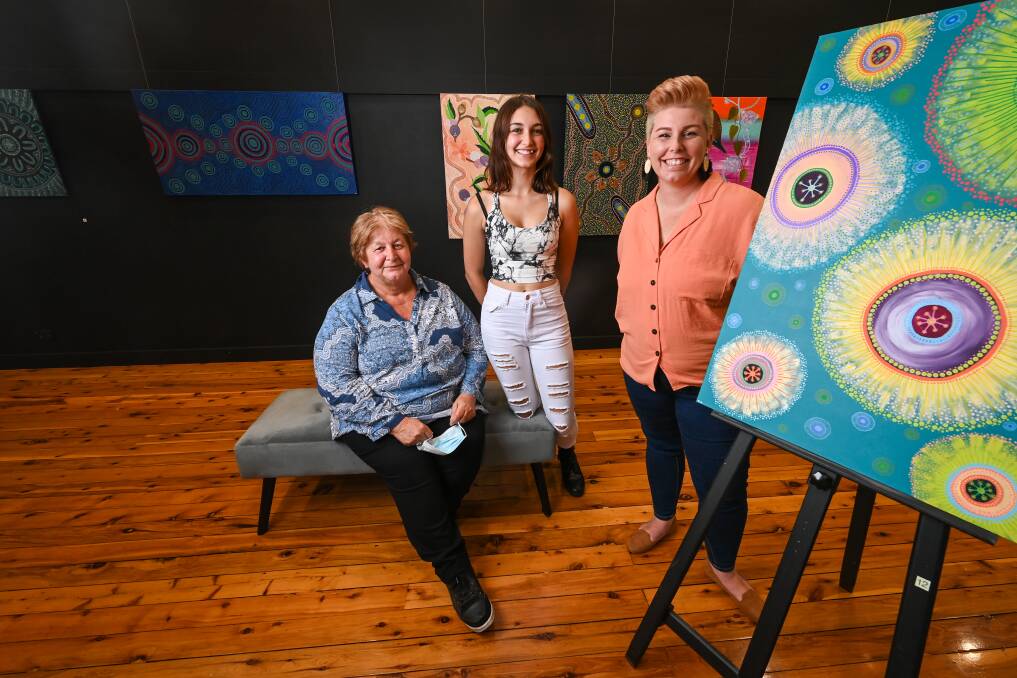 TOGETHER: Marlene and Hailey Plunkett and Kelly Lock - three of the four women involved in the exhibition. Picture: MARK JESSER