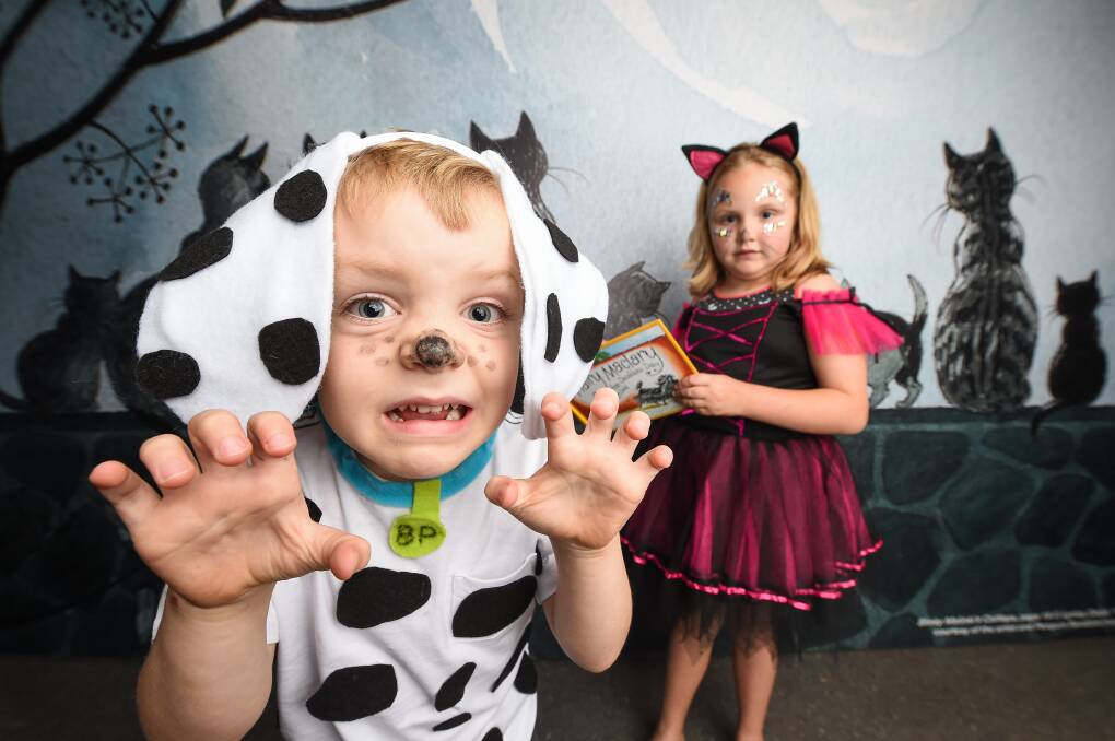 COMING ALIVE: Ted Hower, 4, of Albury and Amelia Lee, 7 of Wangaratta, dressed as characters from Lynley Dodd's books. Picture: MARK JESSER