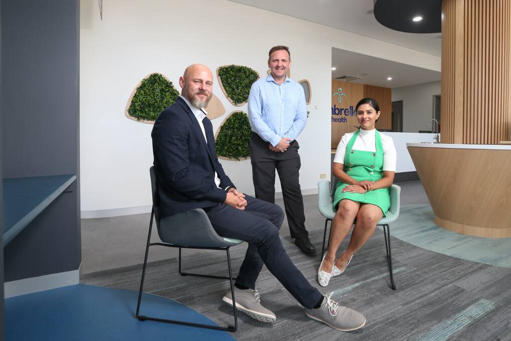 OPEN: Umbrella Health chief executive Michael Cochrane with two of three GPs starting at their Albury clinic on Monday, Dr Ferencz Baranyay and Dr Divya Nagarajan. Picture: JAMES WILTSHIRE