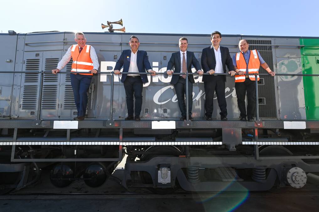 Albury mayor Kevin Mack, Deputy NSW Premier John Barilaro, Albury MP Justin Clancy, Minister for Skills Geoff Lee and Colin Rees, Chairman and Owner of the Colin Rees Group at the rail hub. Picture: MARK JESSER